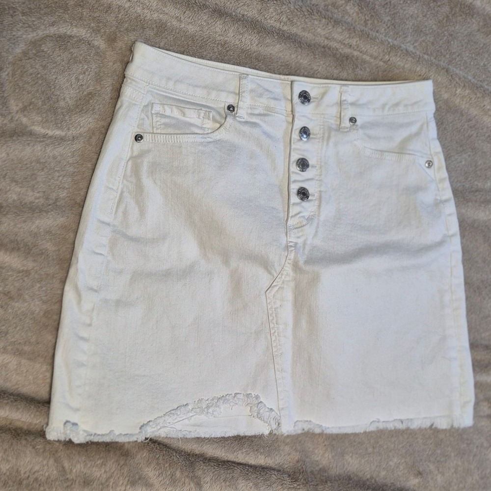 LOFT White Denim Mini Skirt Button Fly Raw Hem Distressed 6P Womens